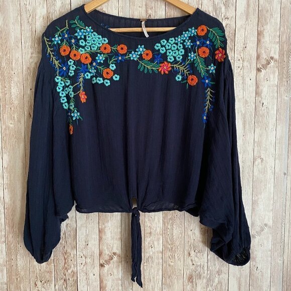 Free People Up and Away Relaxed Fit Tie Front Dolman Sleeve Embroidered Top - Picture 1 of 12